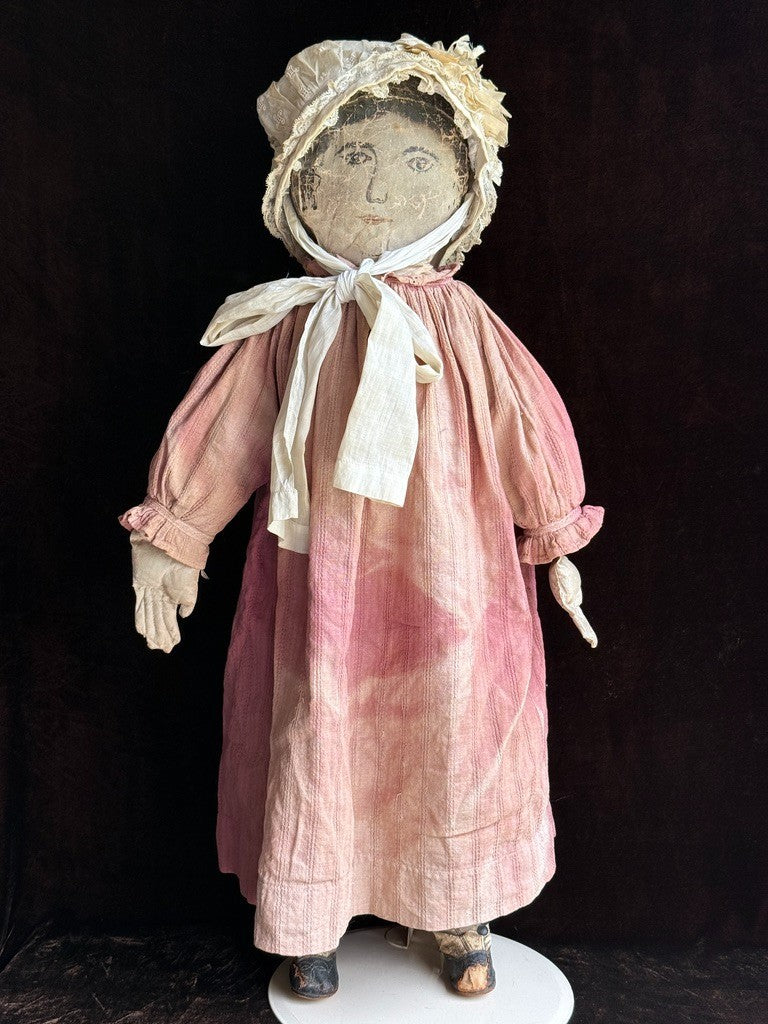 Early Antique American 28” Primitive Folk Cloth Rug Oil Painted Portrait Doll