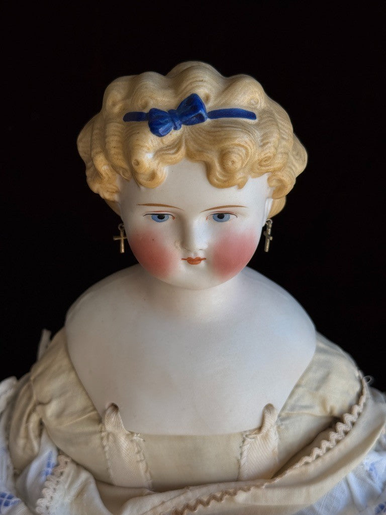 Antique German 17.5” Dolly Madison China Parian Bisque Head Doll Pierced Ears