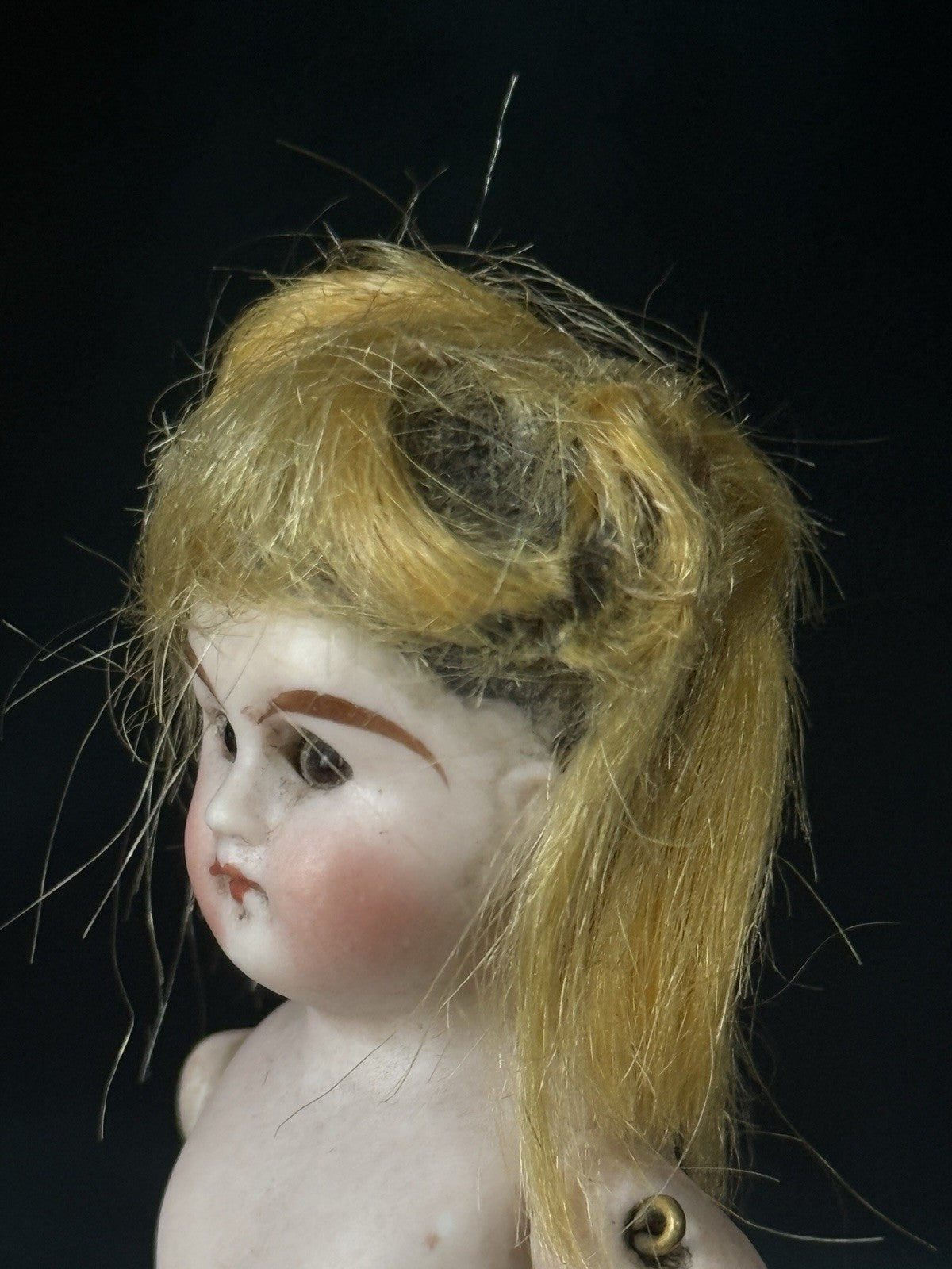 Antique German 4” All Bisque Mignonette Dollhouse Doll Unusual Green Boots
