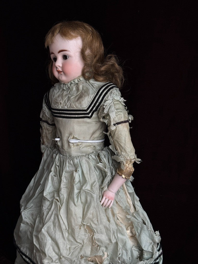 Antique German 23” Early Kestner Turned Bisque Shoulder Head Leather Body Doll