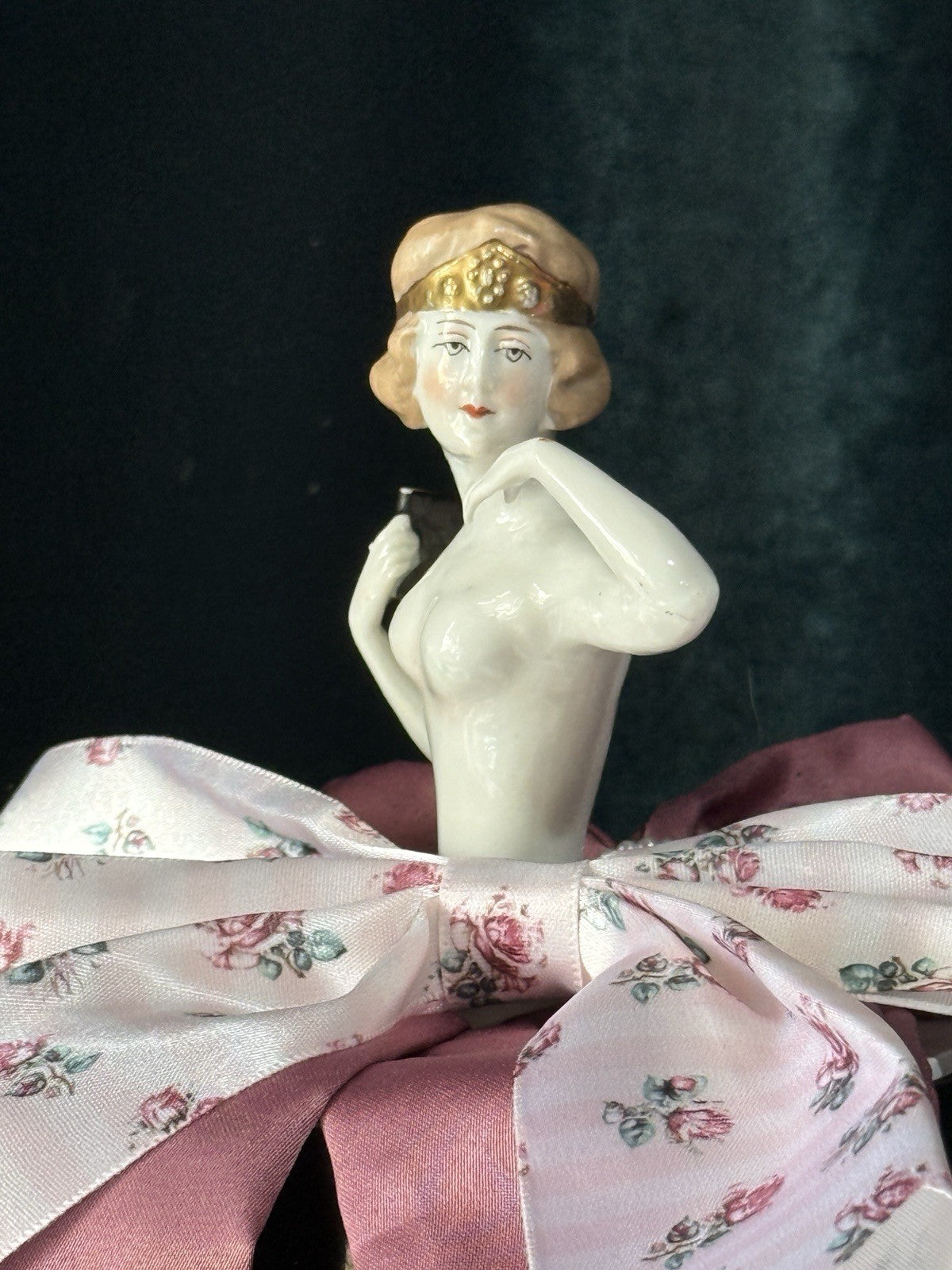 Antique German Art Deco Pin Cushion Half Doll Lady with Gold Hair Crown Band