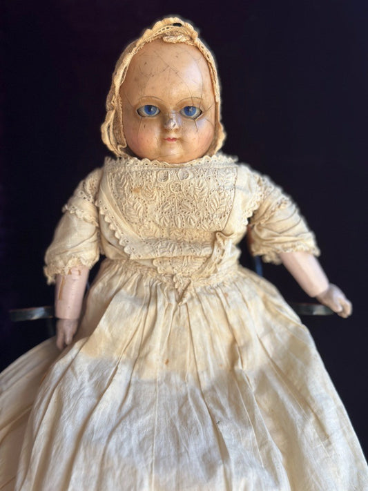 Antique 13.5” Motschmann Type Taufling Body Wax Over Papier Mache Bebe Doll