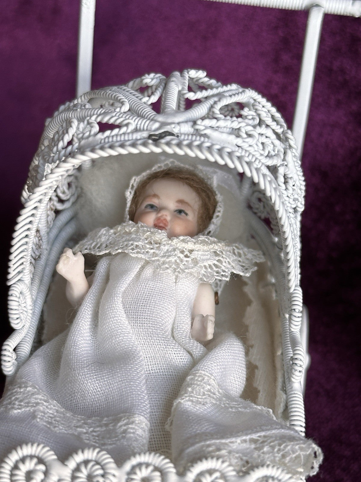 All Porcelain Signed Miniature Hilda (?) Dollhouse Baby Doll in Metal Buggy