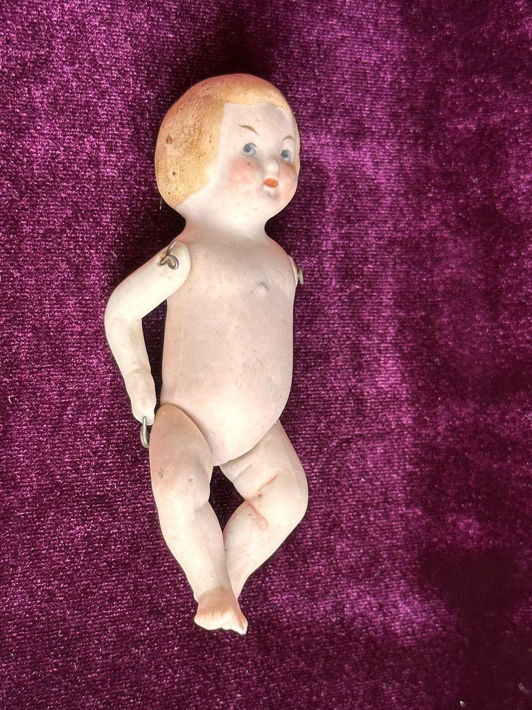 Antique German Miniature All Bisque Limbach 9307 Googly Eye Doll in Carriage