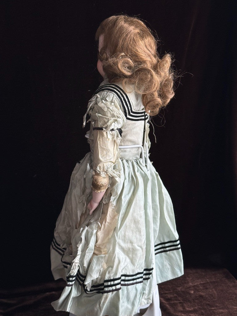 Antique German 23” Early Kestner Turned Bisque Shoulder Head Leather Body Doll