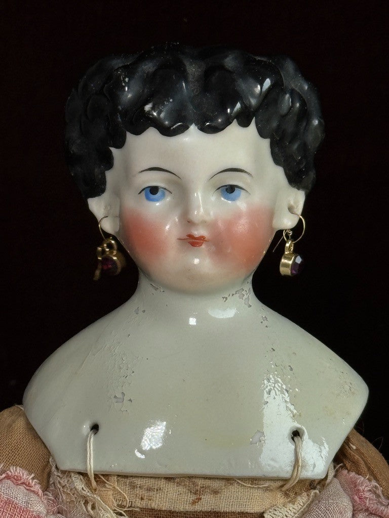 Antique German 14” Young Dagmar Style China Shoulder Head Doll Pierced Ears