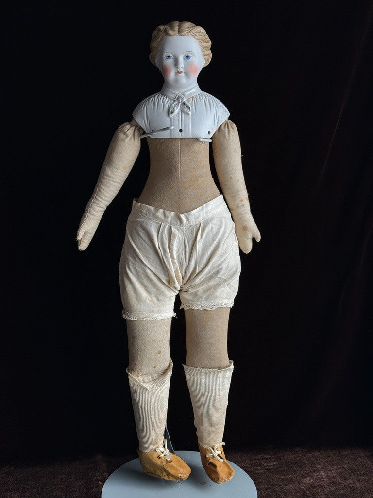 Large Antique German Kling 27” Dresden China Parian Molded Shoulder Head Doll