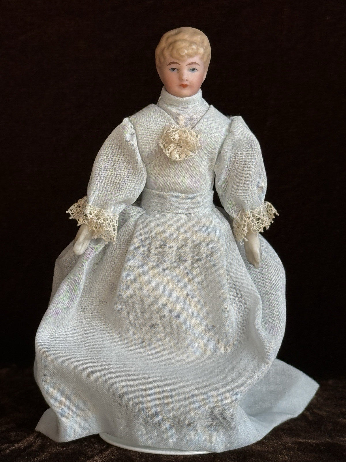 Antique German 5” Bisque Cloth Miniature Dollhouse Parian Doll with Bun