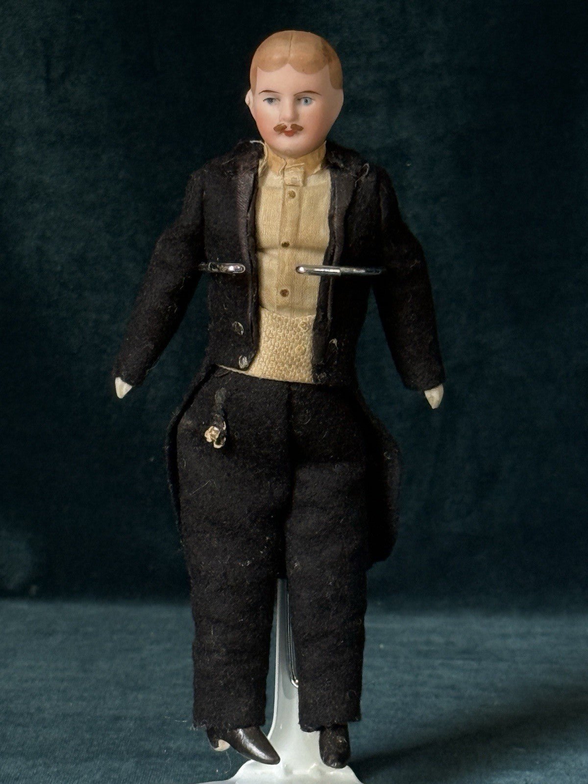 Antique German 7” Bisque Miniature Dollhouse Male Mustache Gentleman Doll