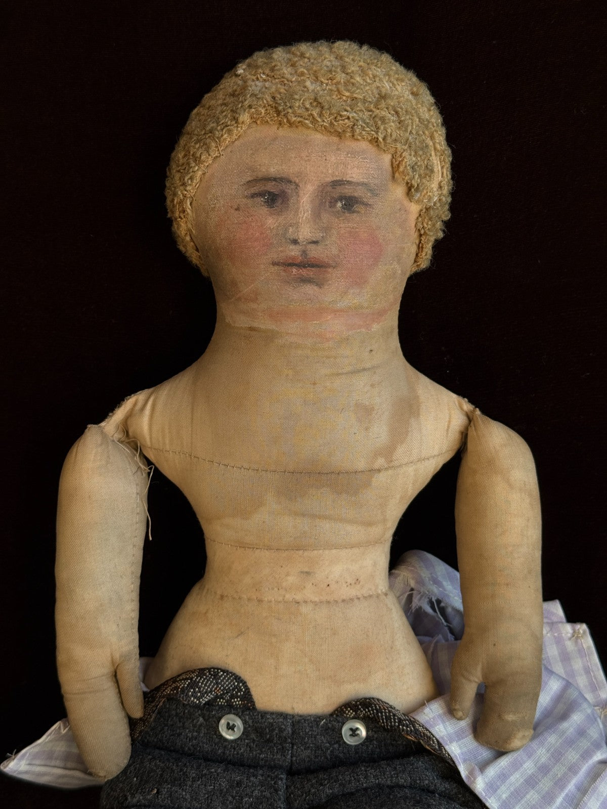 Antique American 18" Primitive Oil Painted Portrait of Boy Cloth Rug Doll