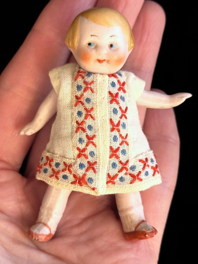 Antique German 2.75” Hertwig Dollhouse All Bisque Googly Eyes Miniature Doll