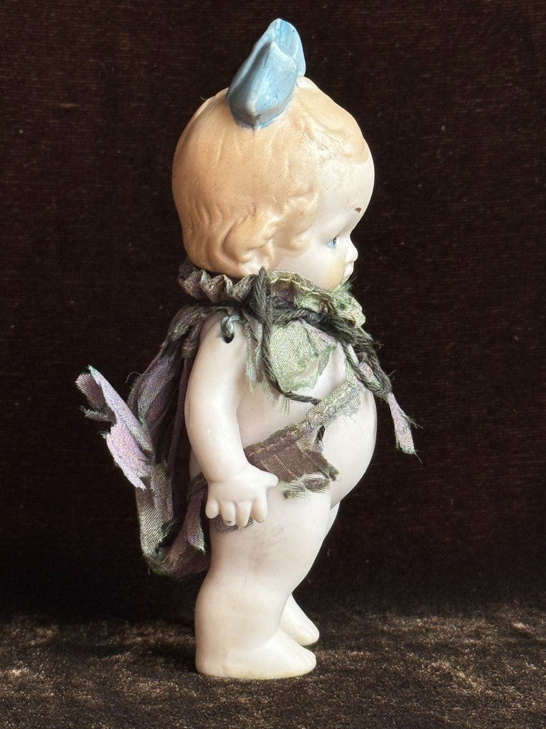 Antique German Hertwig Miniature 4" All Bisque Dollhouse Doll Molded Bow