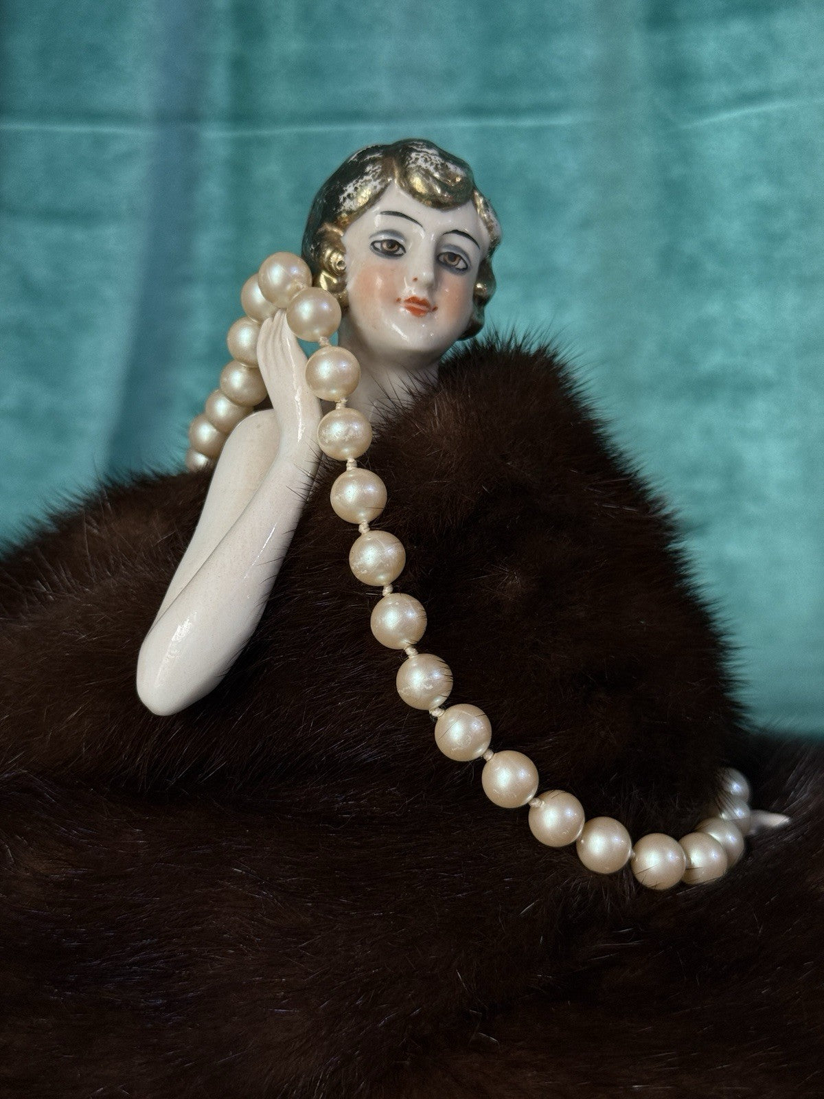 Rare Gold Hair Antique German Art Deco Flapper Pin Cushion Half 4 3/4” Doll
