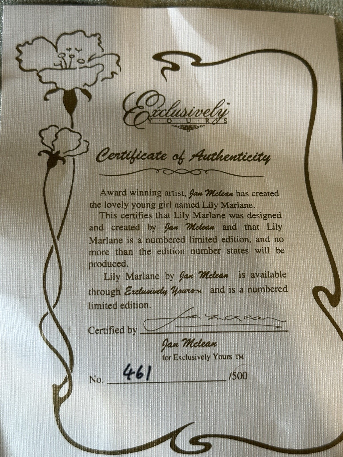 Jan Mclean 24" Porcelain Doll “Lily Marlane” Tag/COA For Exclusively Yours 1998