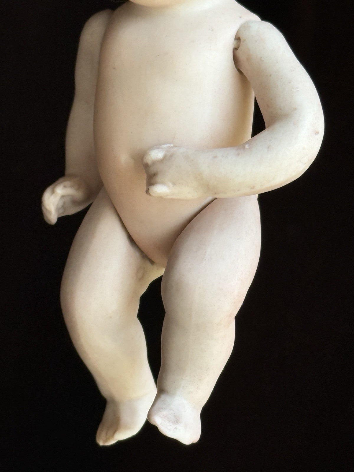 Antique German 3.75” Kestner All Bisque Baby Doll with Cradle and Bottle