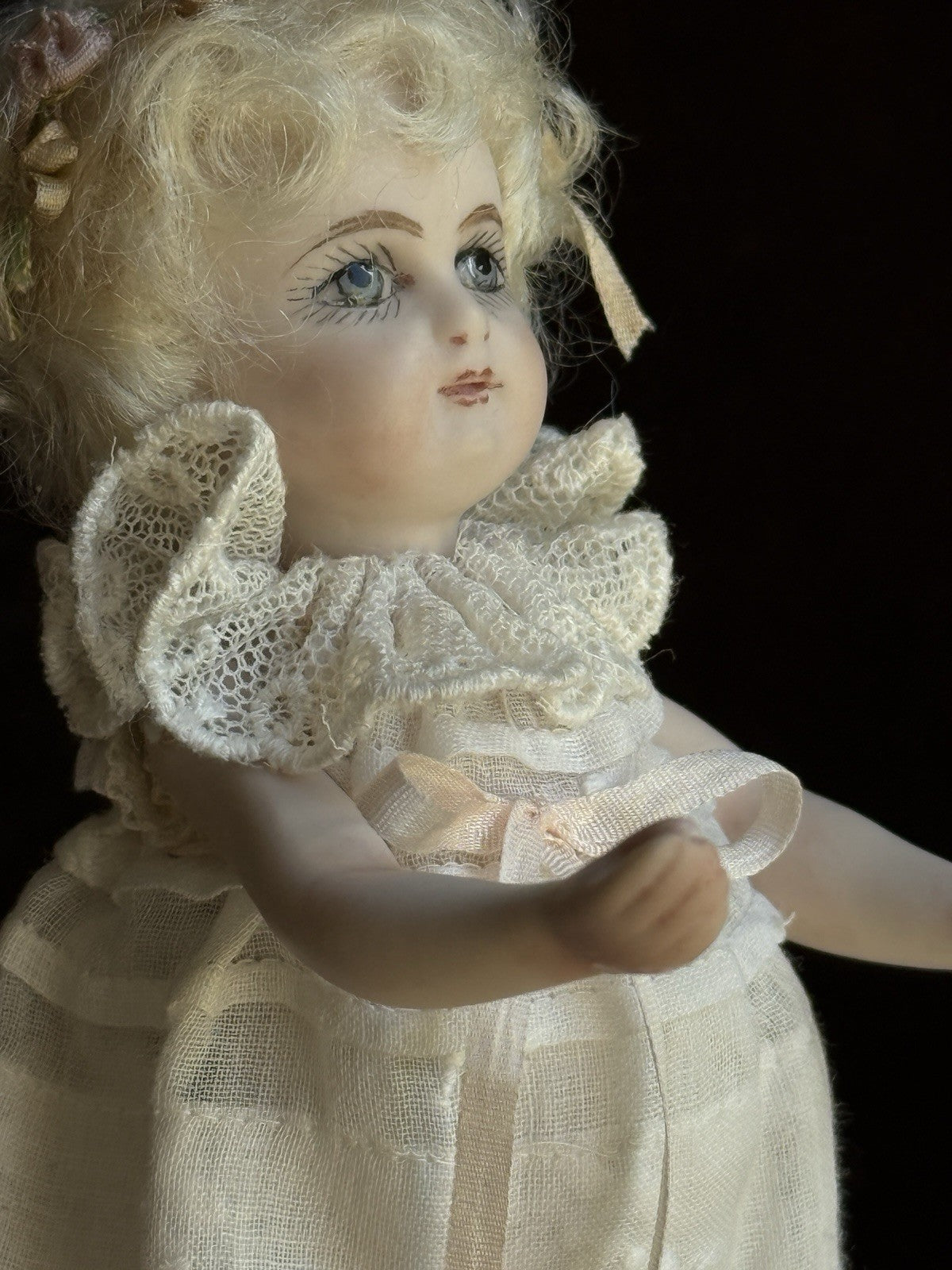Miniature 5.25” Cathy Hansen Porcelain Repro Antique Mignonette Dollhouse Doll