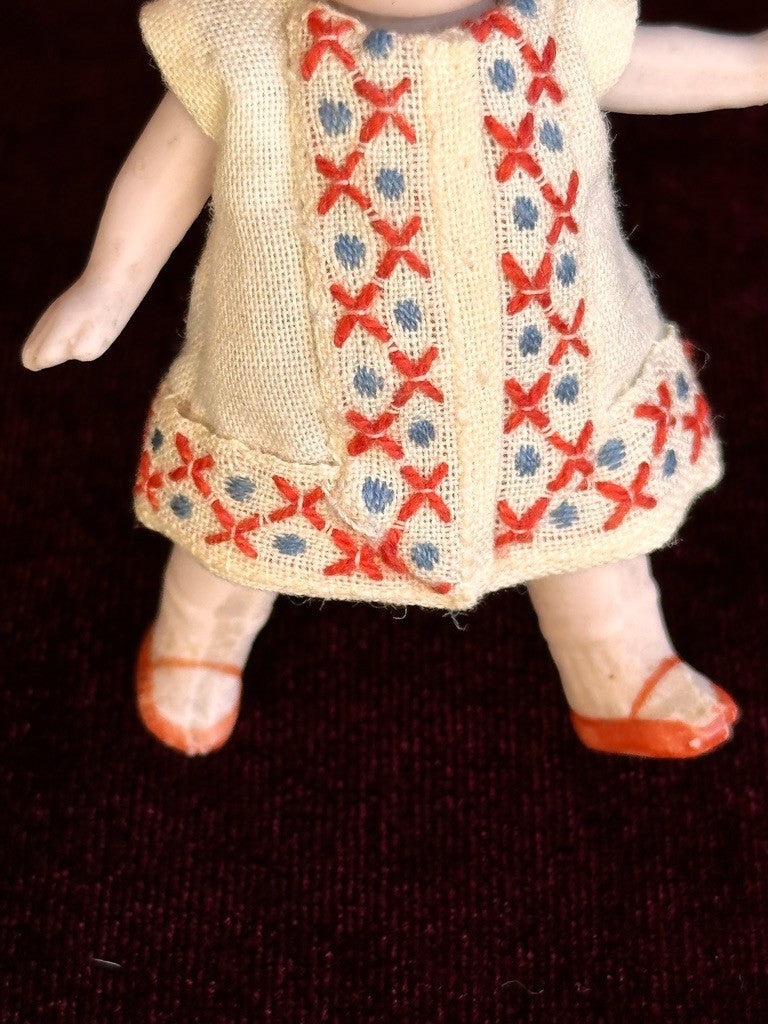 Antique German 2.75” Hertwig Dollhouse All Bisque Googly Eyes Miniature Doll