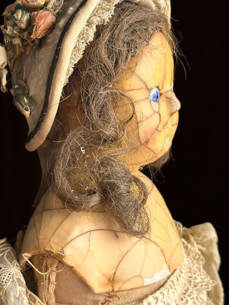 Antique English All Original Mad Alice 22” Wax Over Papier Mache Head Doll