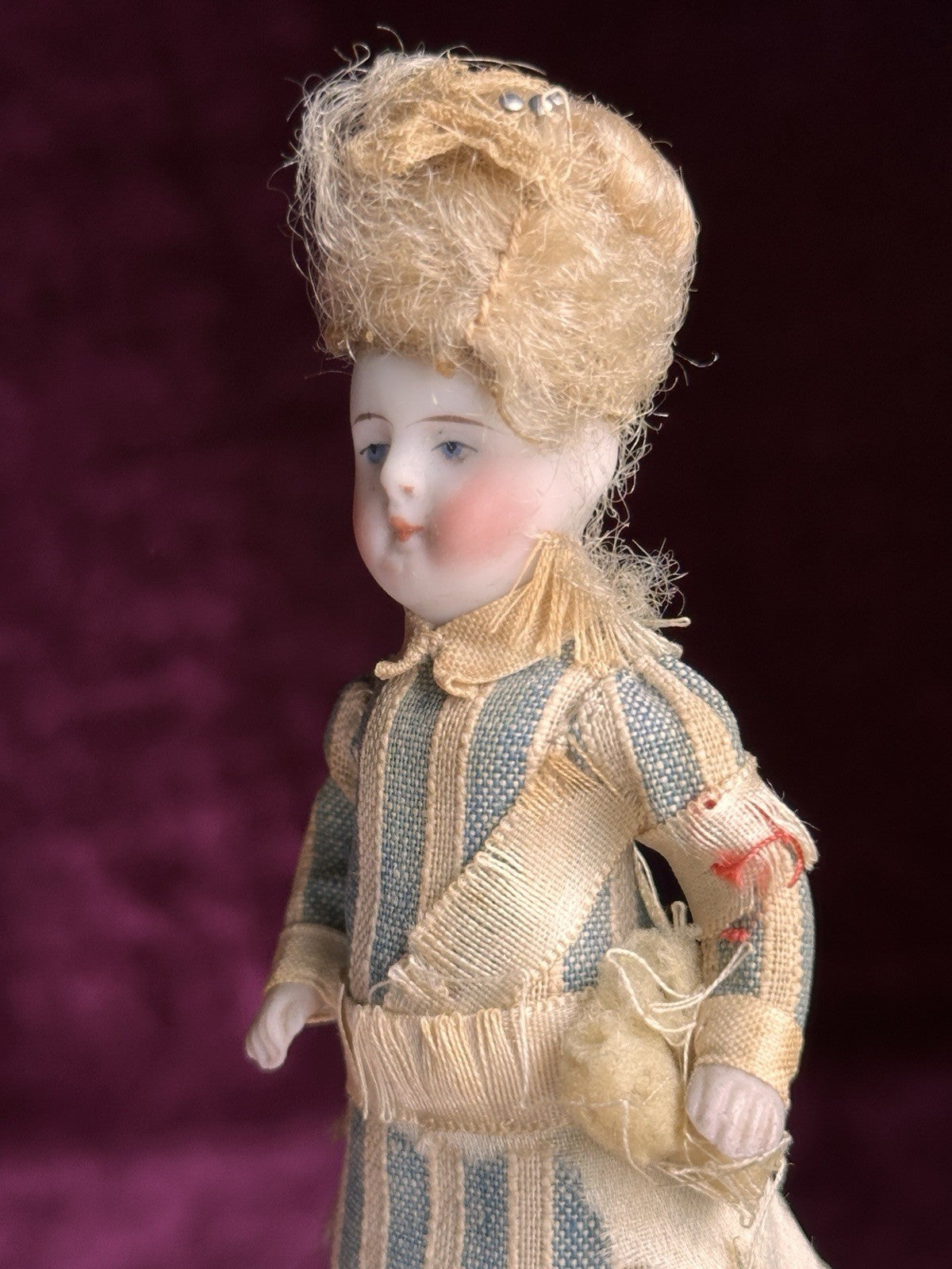Antique German 5” Miniature Bisque Head Pincushion Dollhouse Doll