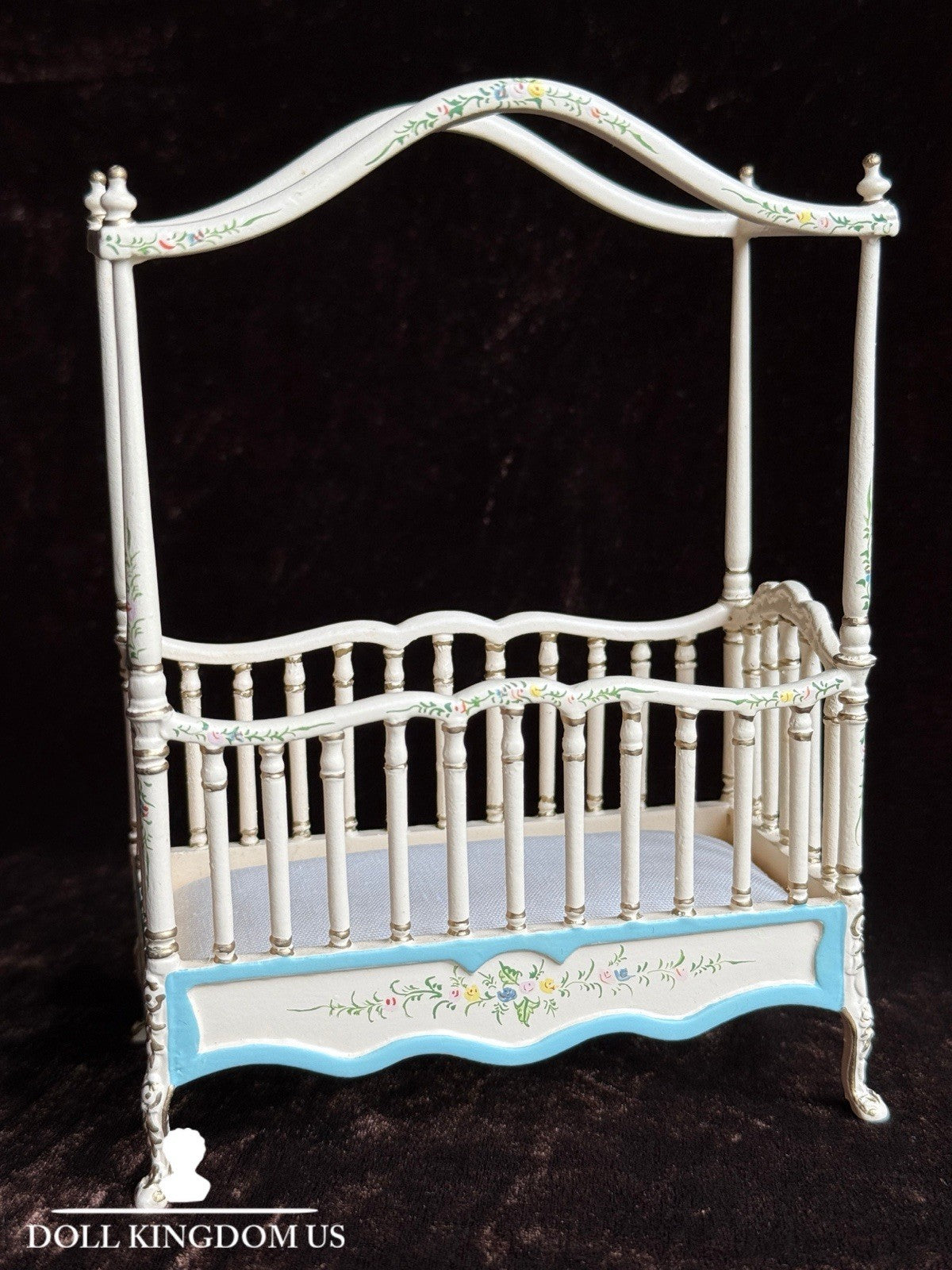 JiaYi Miniature Dollhouse Canopy Bed Hand Painted Floral 1:12 Scale 6” Tall