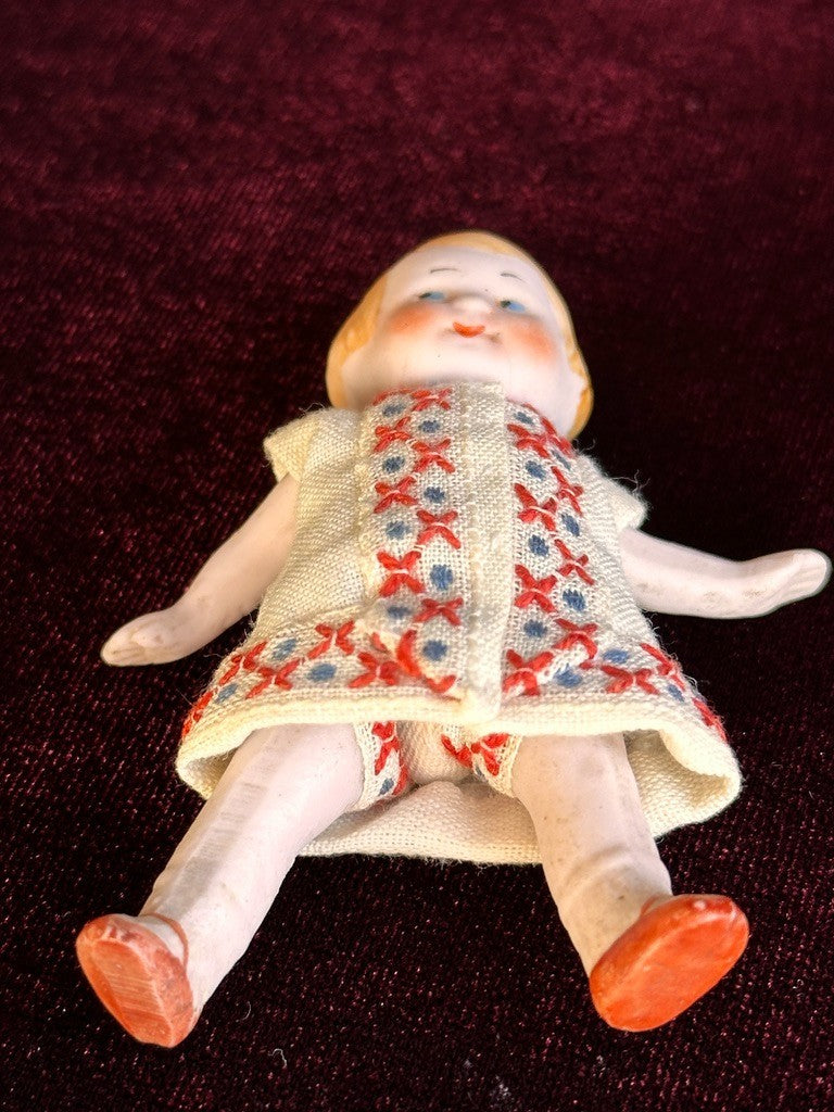 Antique German 2.75” Hertwig Dollhouse All Bisque Googly Eyes Miniature Doll