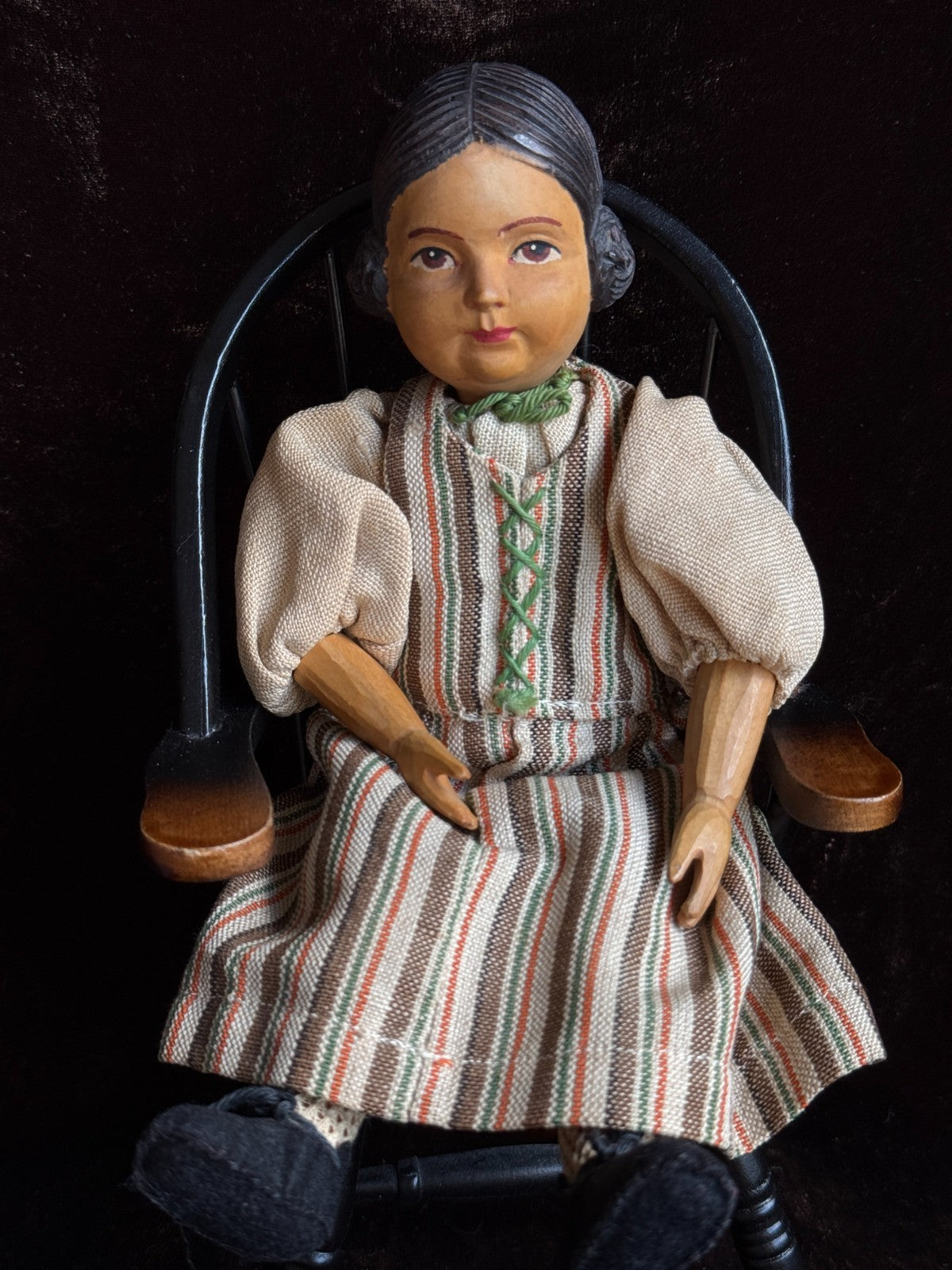 Vintage Swiss 10” Huggler Wood Carved Jointed Girl Doll