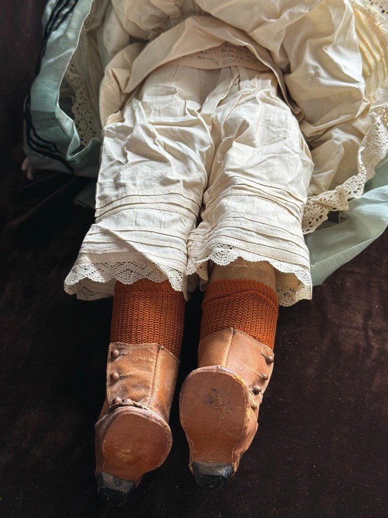 Antique German 23” Early Kestner Turned Bisque Shoulder Head Leather Body Doll