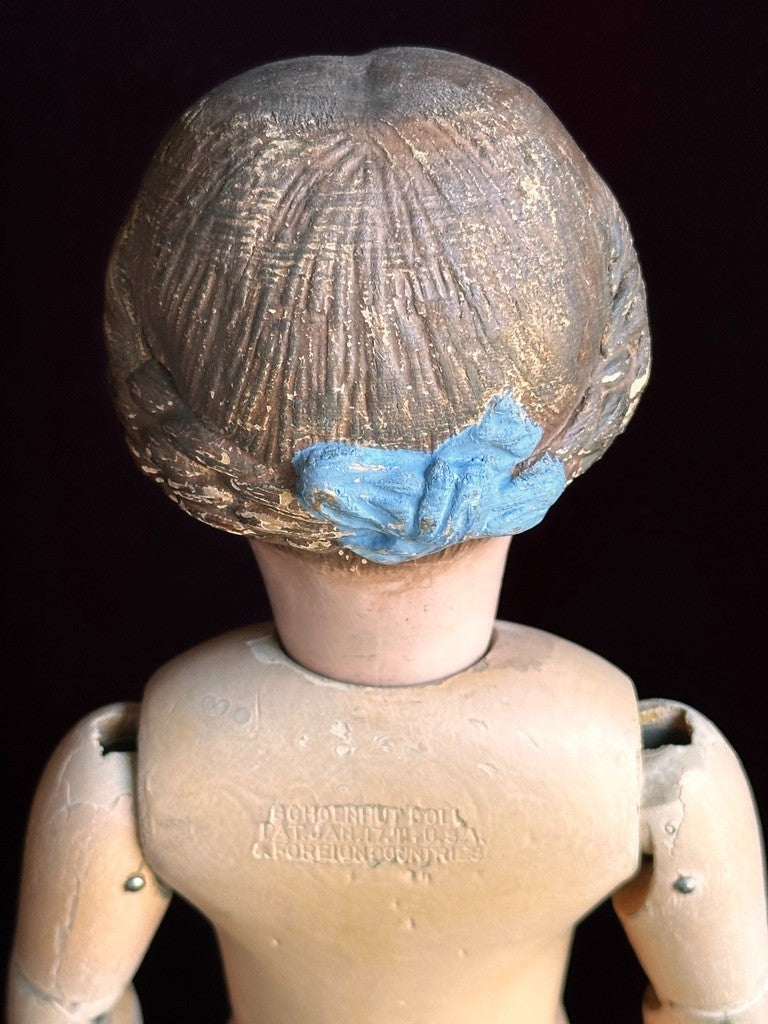 Antique American 16” Schoenhut 102 Series Wooden Doll Carved Braided Hair Bow