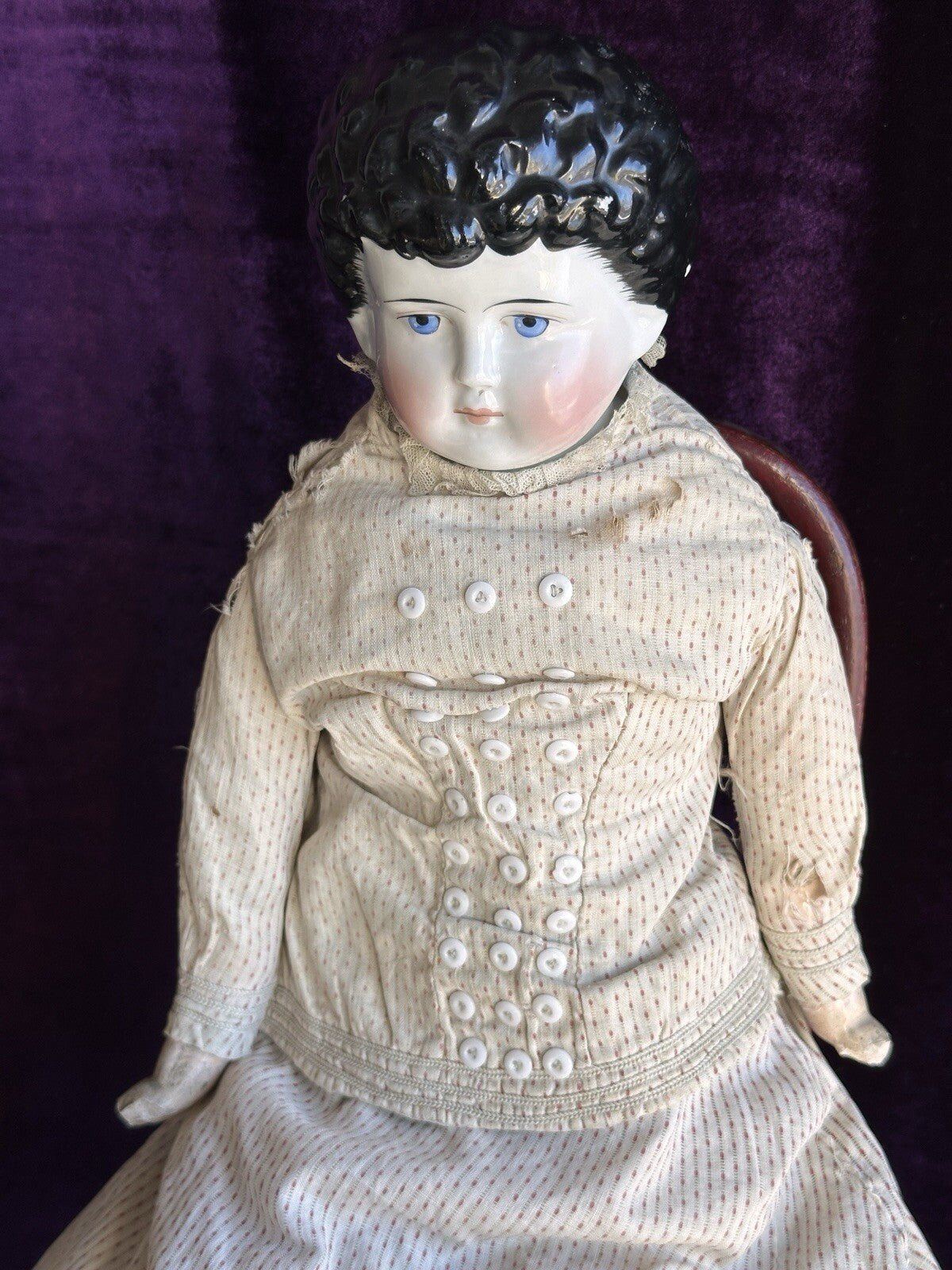Large Antique German 26” Exposed Ears Curly Hair China Shoulder Head Doll