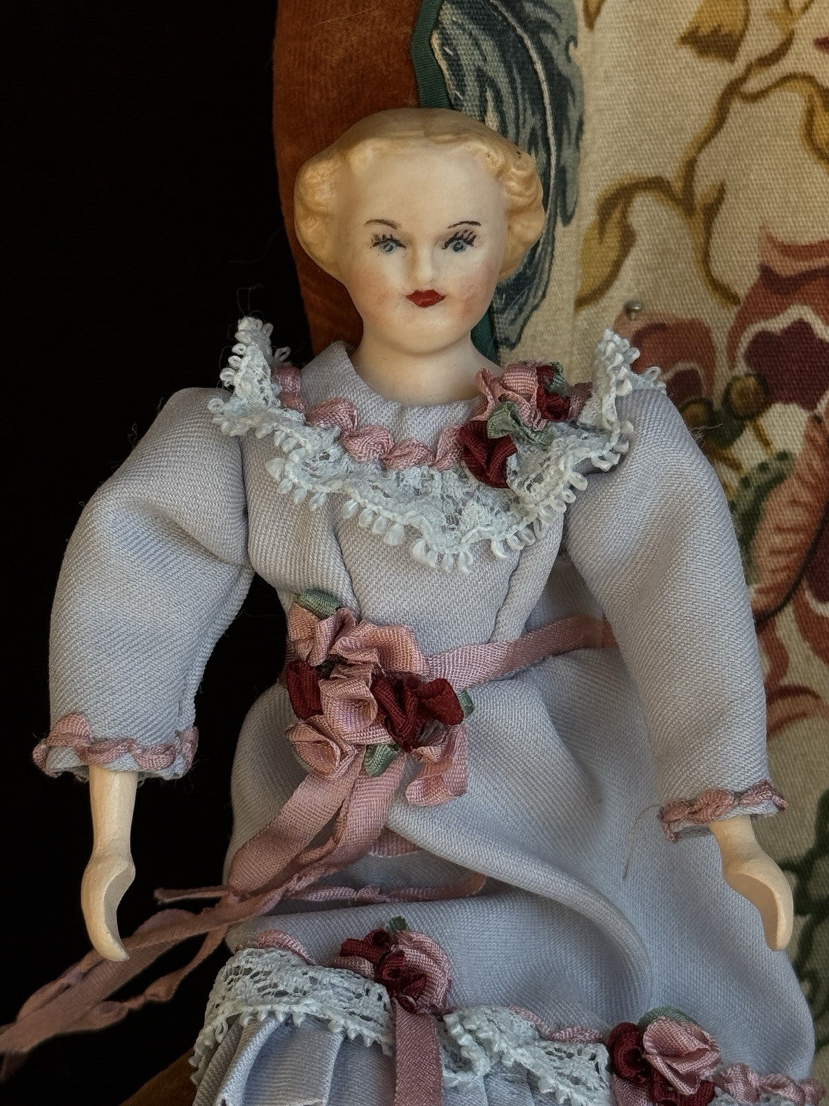 Vintage 5.5” Miniature Reproduction Porcelain Head Wood Body Dollhouse Doll