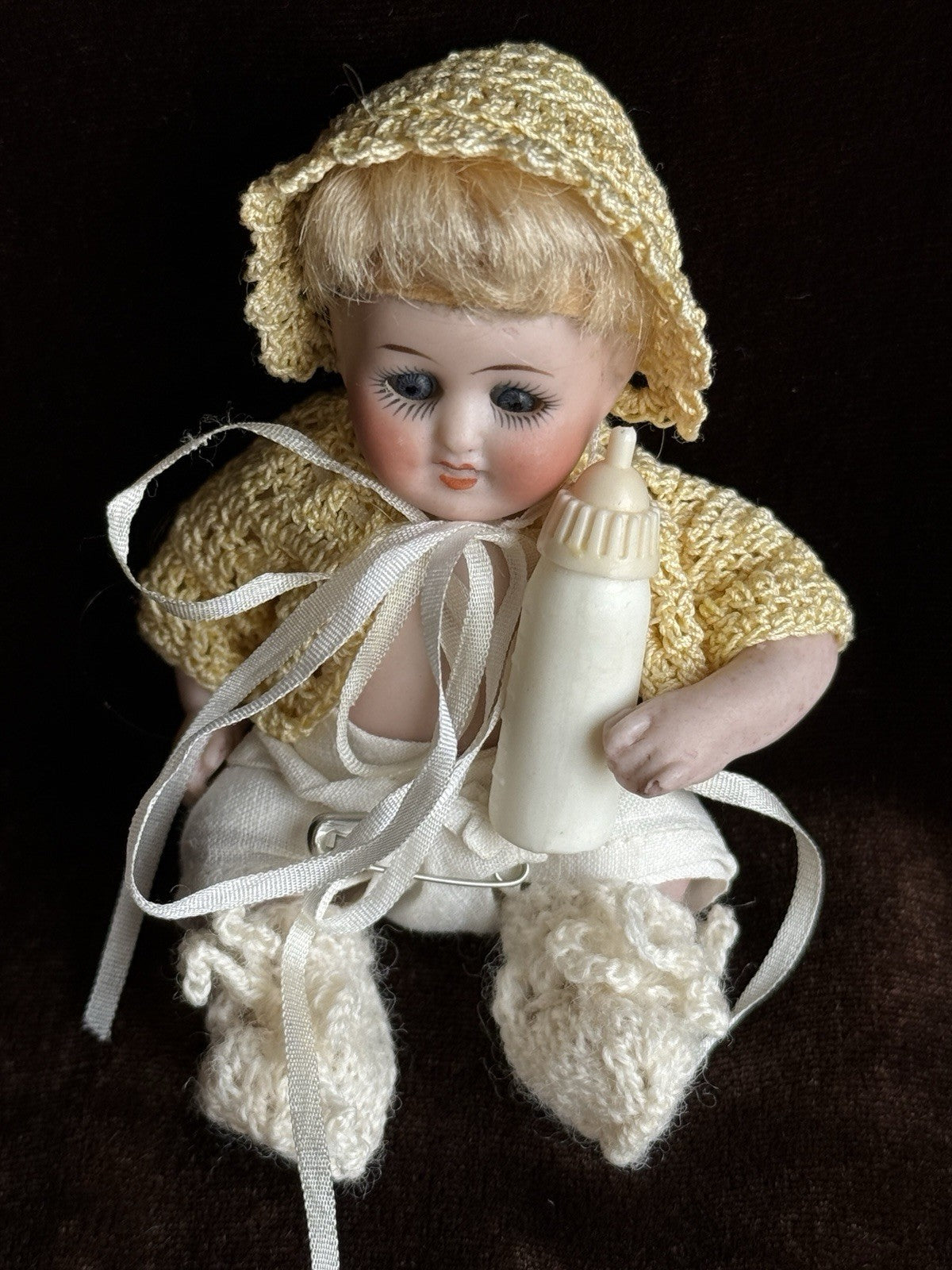 Antique German 3.75” Kestner All Bisque Baby Doll with Cradle and Bottle
