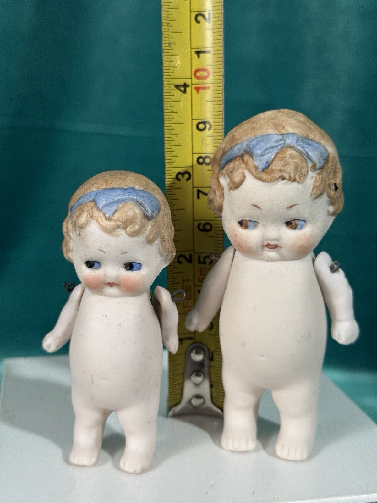 Lot Of 2 Antique German Hertwig All Bisque Molded Bow Girl Dolls