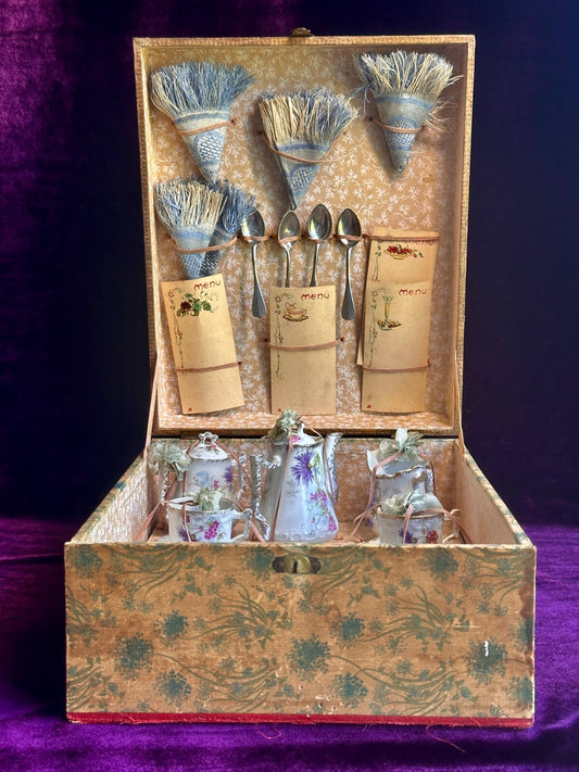 Antique All Original French Doll China Tea Service Set in Presentation Box