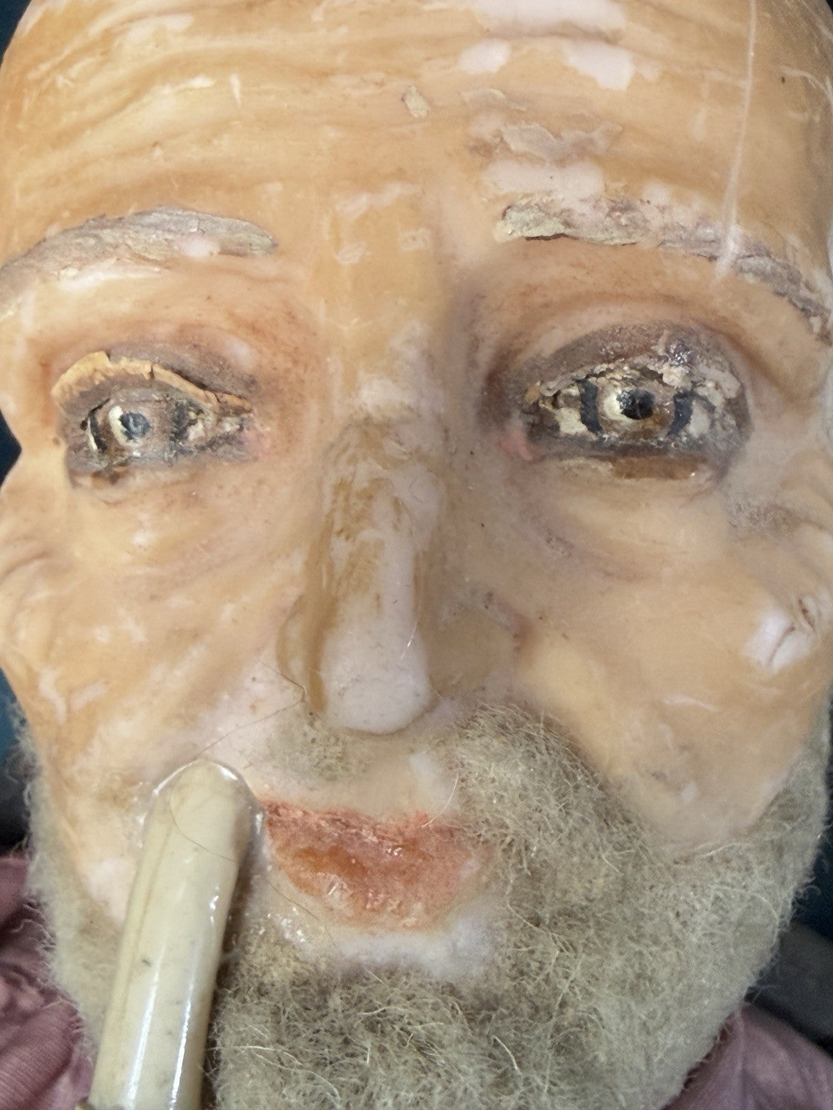 Unidentified Antique (?) Wax Doll Old Men In The Wooden Chair Smoking Pipe