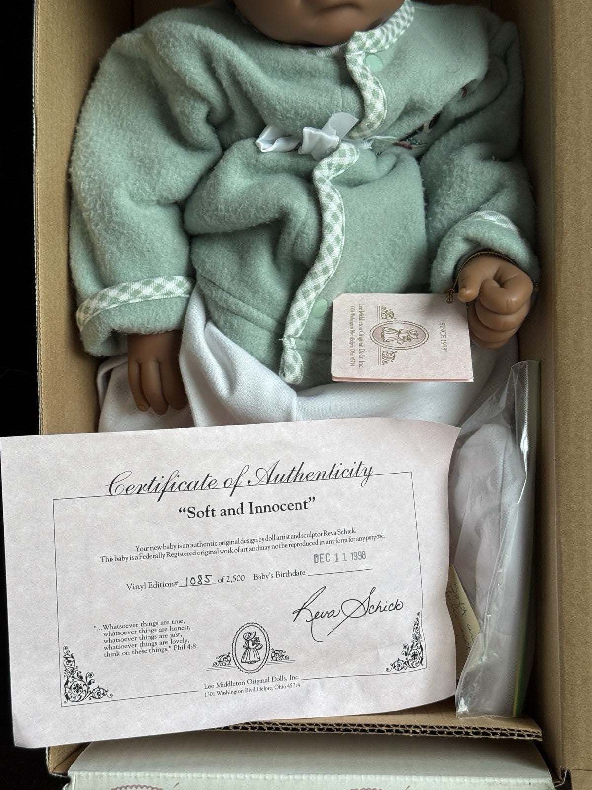 Lee Middleton Soft & Innocen Vinyl Cloth Baby Doll by Reva Schick LE 2500 in Box