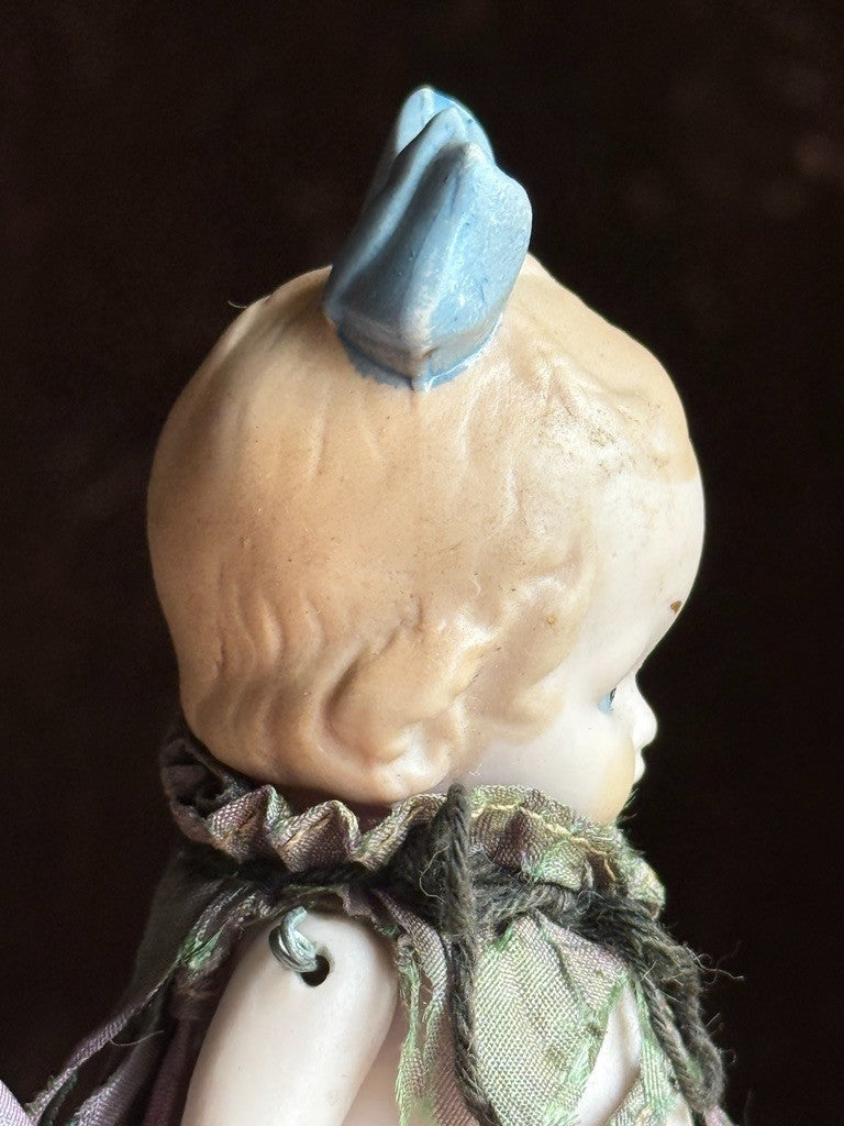 Antique German Hertwig Miniature 4" All Bisque Dollhouse Doll Molded Bow