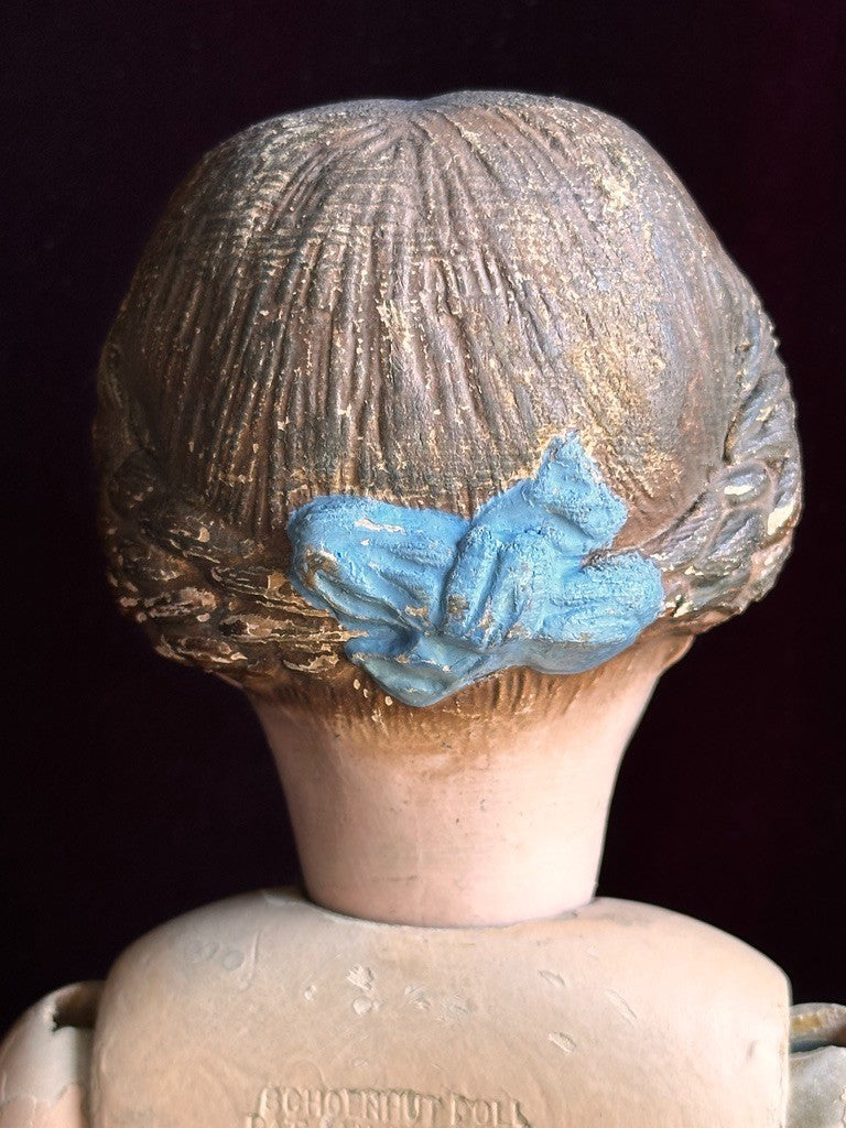 Antique American 16” Schoenhut 102 Series Wooden Doll Carved Braided Hair Bow
