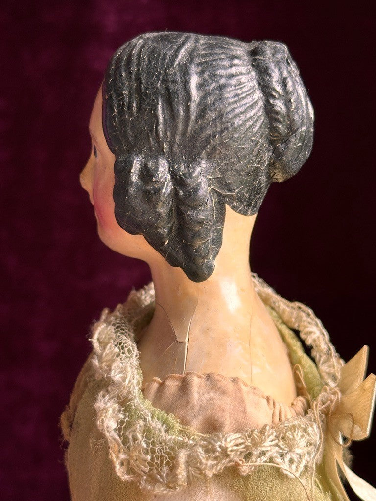 Antique German 14” Papier Mache Milliner’s Model Spaniel Ears Molded Bun Doll