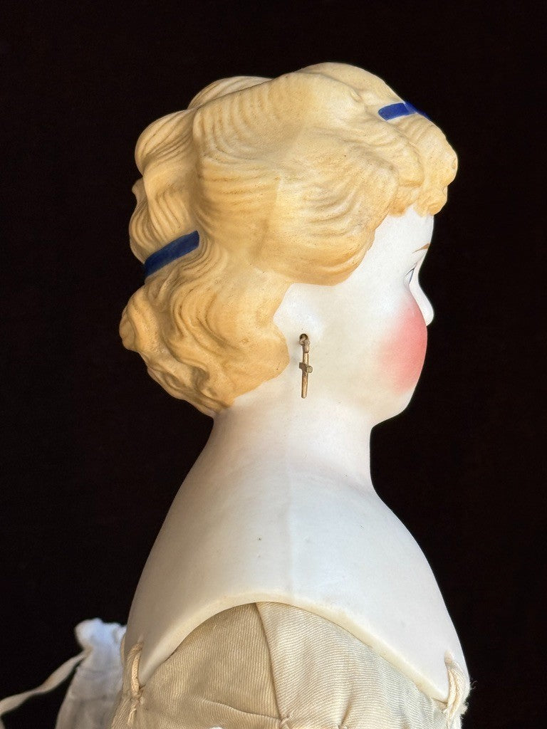 Antique German 17.5” Dolly Madison China Parian Bisque Head Doll Pierced Ears