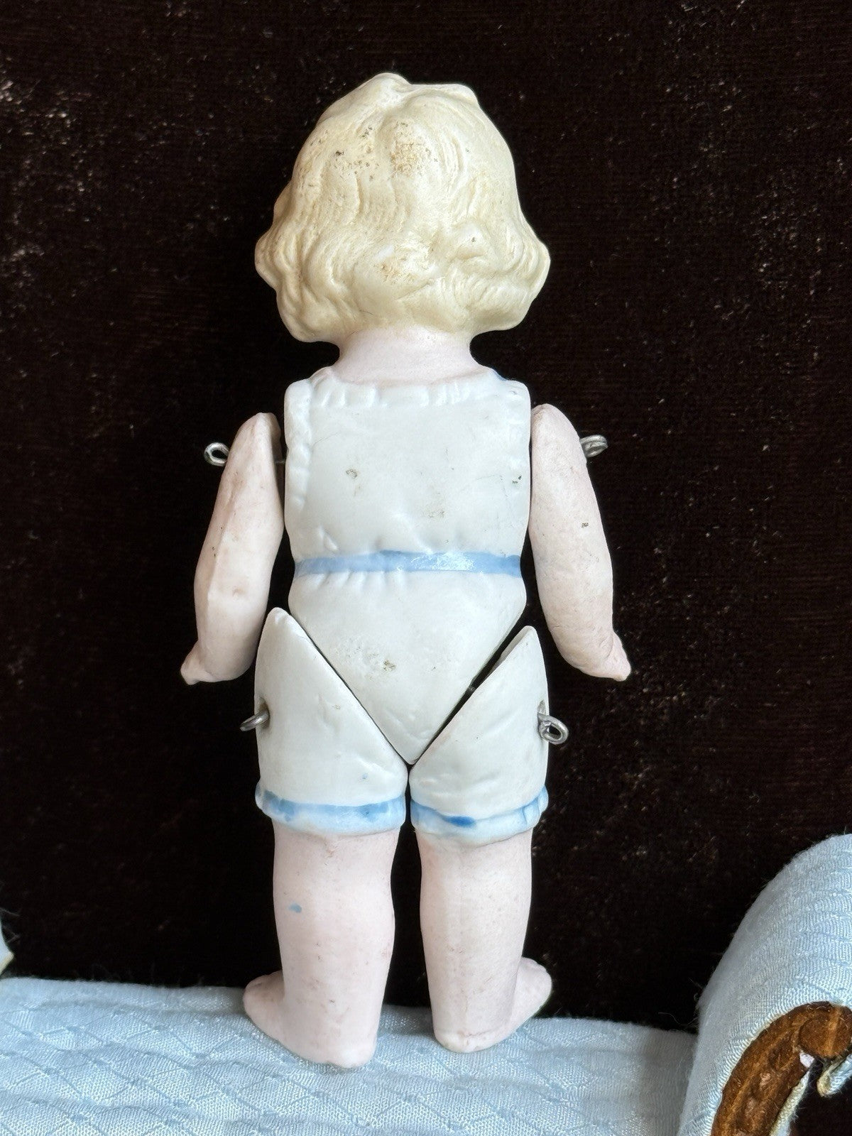 Antique German 4” All Bisque Miniature Dollhouse Doll Molded Outfit