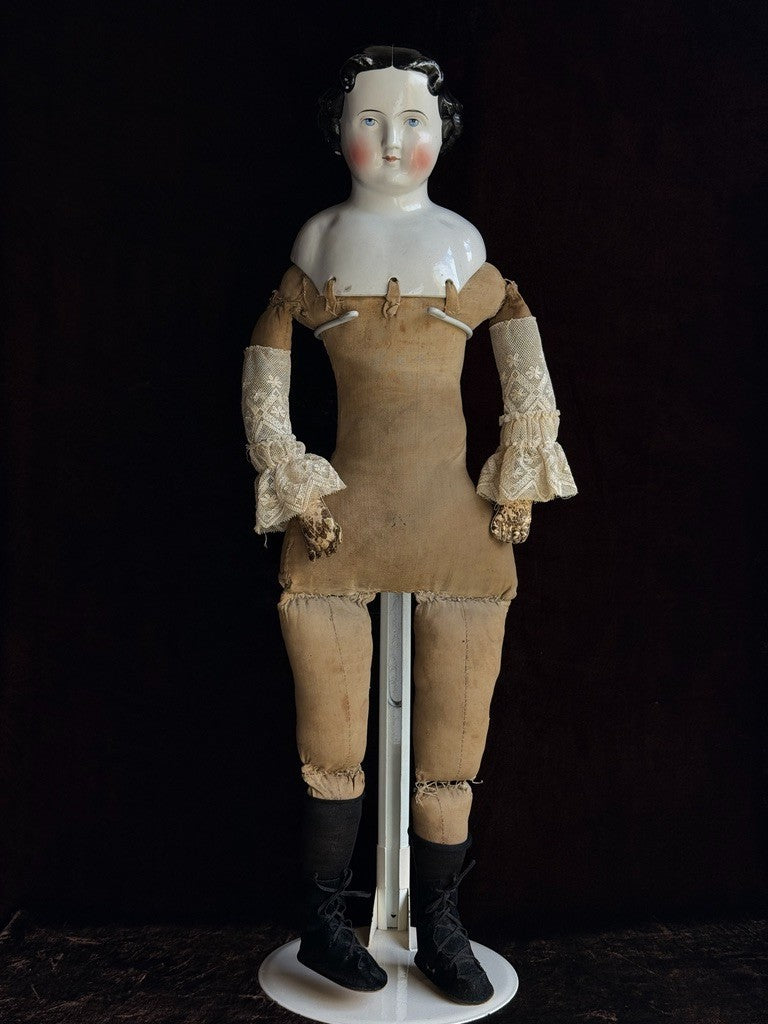Large Antique German 27” Highbrow Flat Top Brunette China Fashion Doll