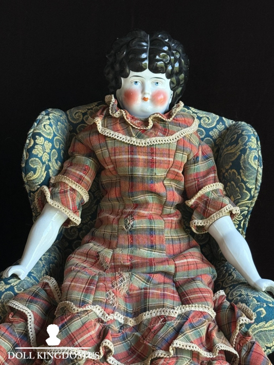 Antique German 23” Lowbrow Brunette China Head Doll