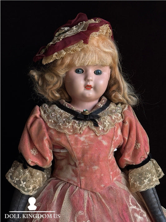 Antique German 22” Minerva Metal Tin Head Fashion Doll with Glass Eyes