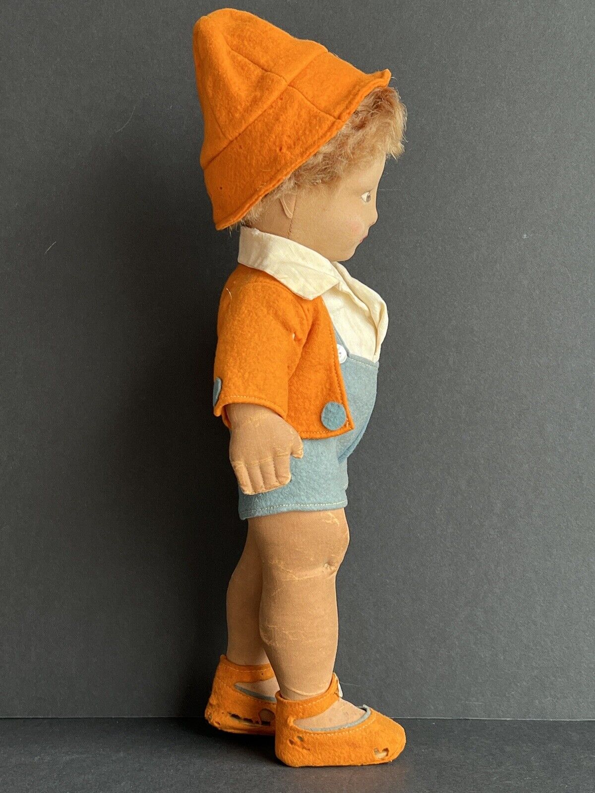 Antique English Early Cloth Chad Valley Boy Doll with Original Tag Felt Clothes