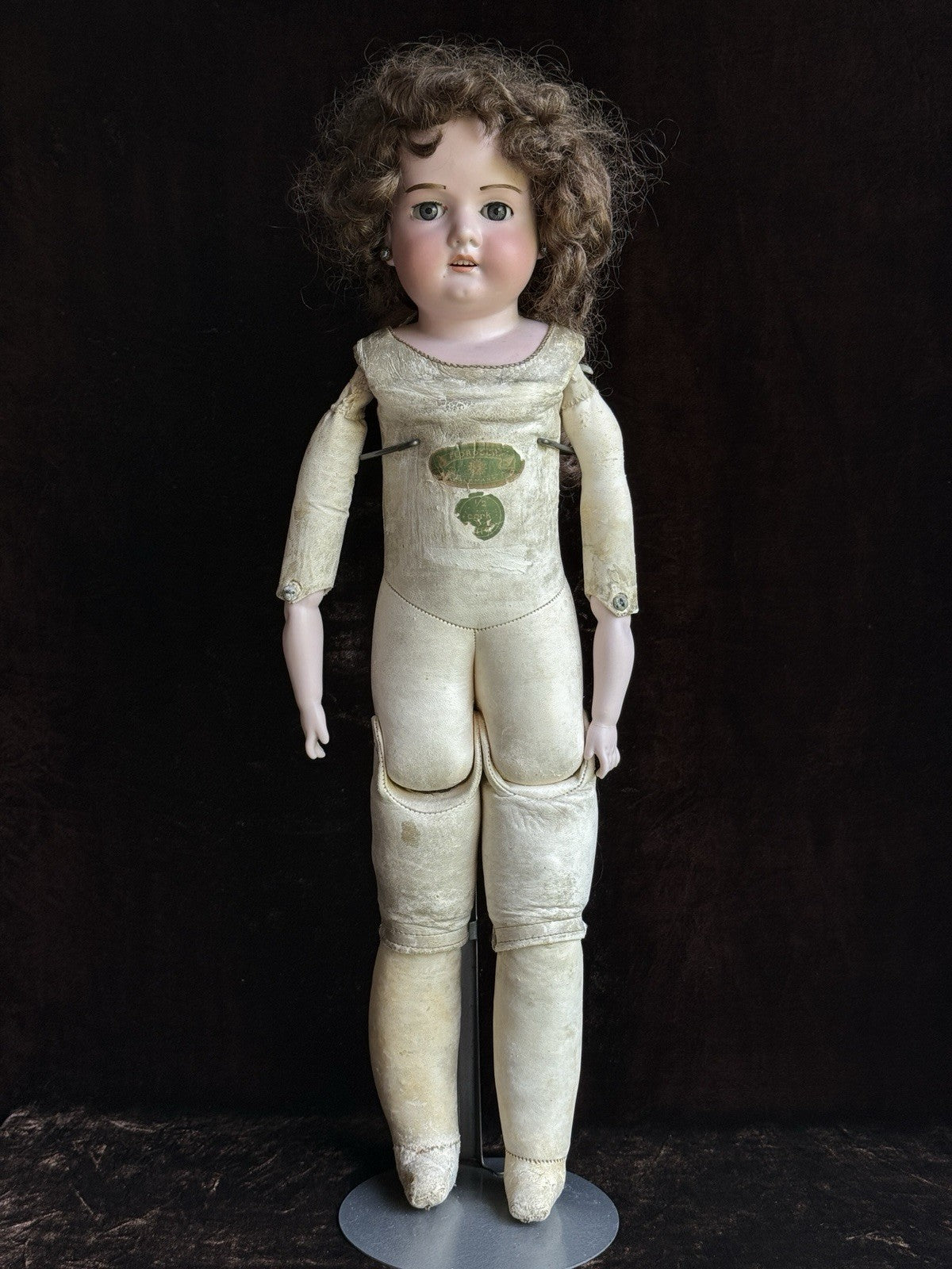 Antique German 23” Armand Marseille 370 Bisque Shoulder Head Leather Body Doll