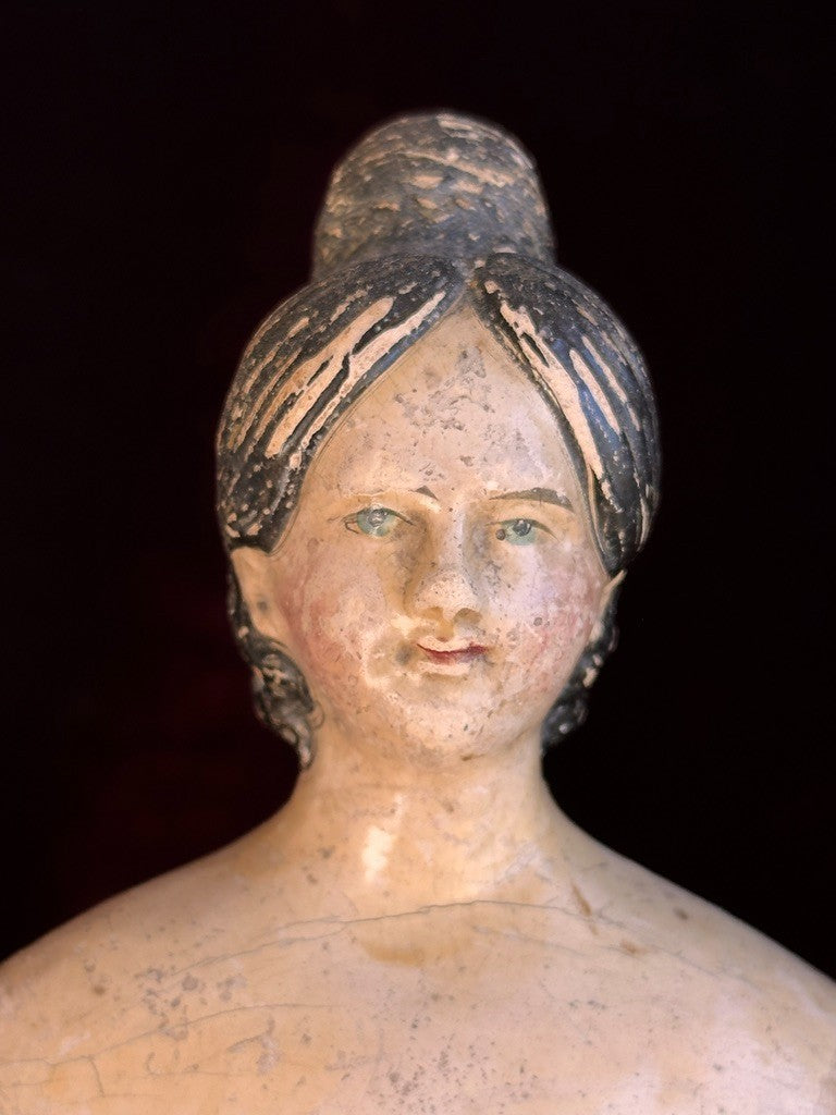 Early Antique German 12” Papier Mache Milliner’s Model Doll with Bun