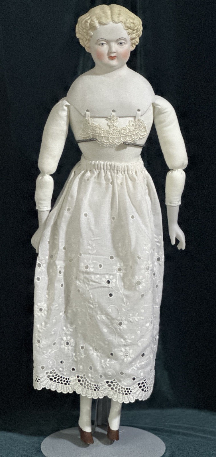 Antique German 28” Flat Top Highbrow China Parian Shoulder Head Blonde Doll