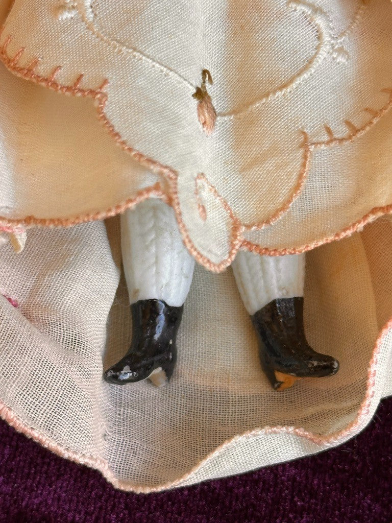 Antique German 4.875” Bisque Cloth Miniature Dollhouse Parian Doll with Bun