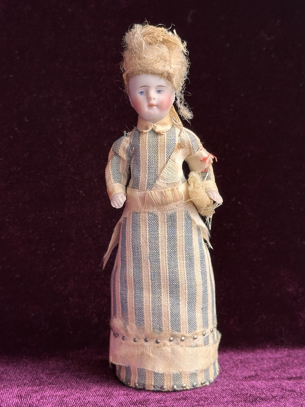 Antique German 5” Miniature Bisque Head Pincushion Dollhouse Doll