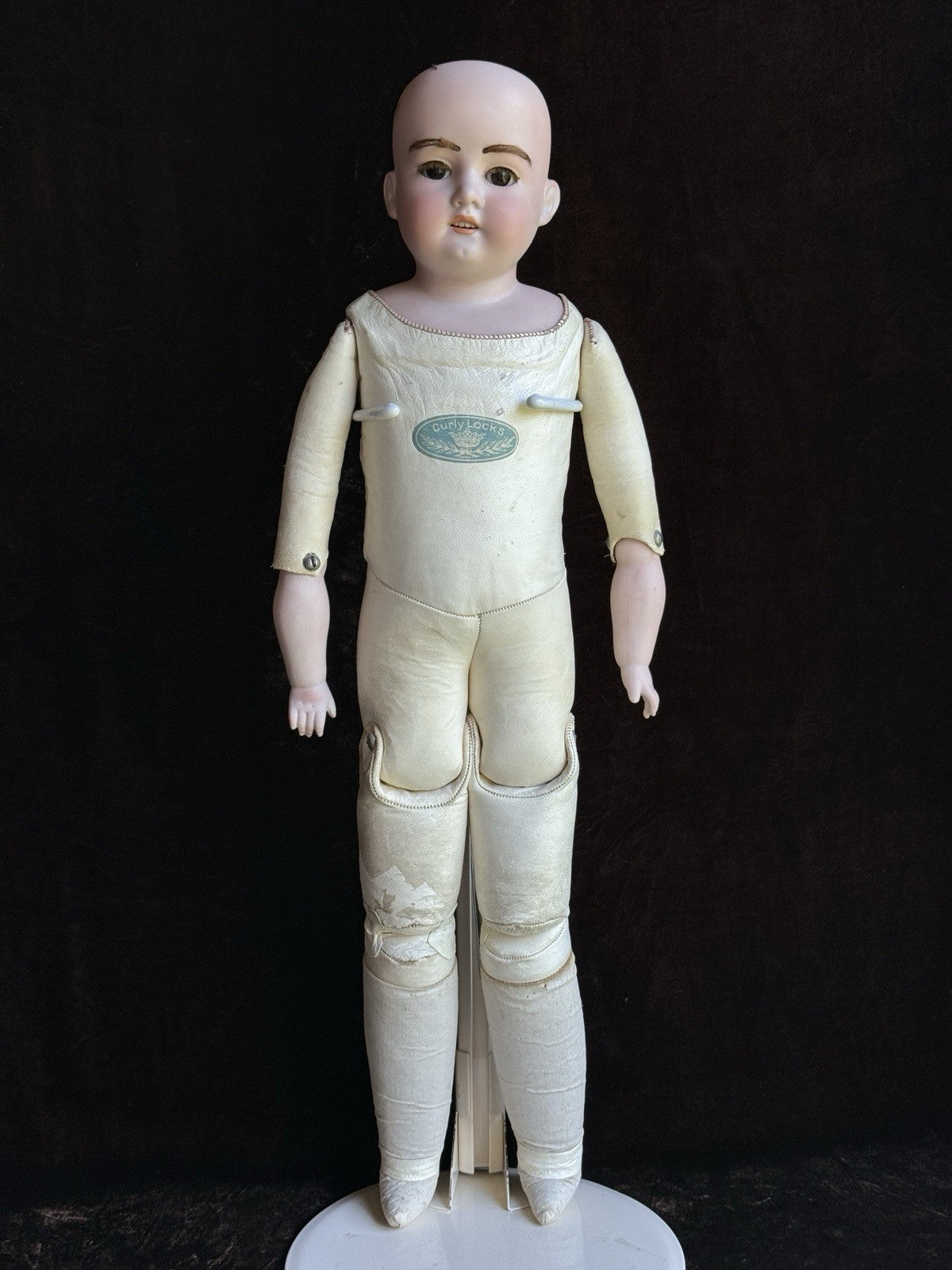 Antique German 23” Armand Marseille 370 Bisque Shoulder Head Leather Body Doll